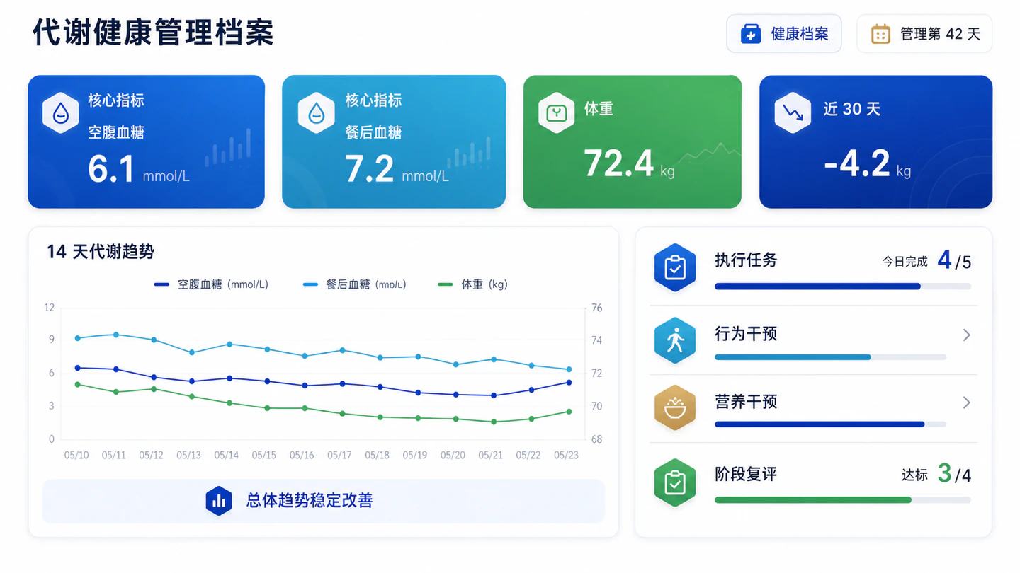 CMNT 代谢健康管理档案,展示血糖、体重、任务和复评数据